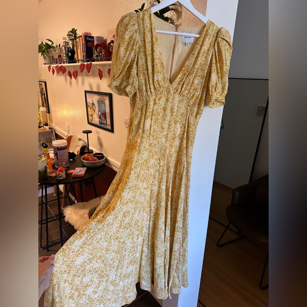 Reformation - Naira Yellow Floral Midi Dress, print Golden Meadow